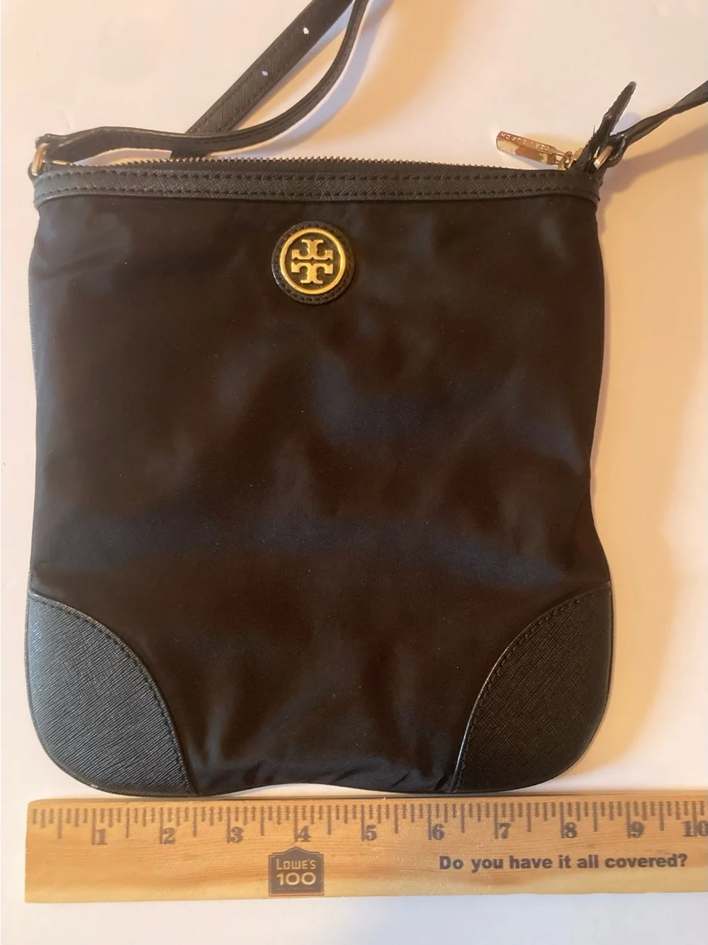 Tory Burch black Crossbody bag with leather trim,Gold hardware and Logo